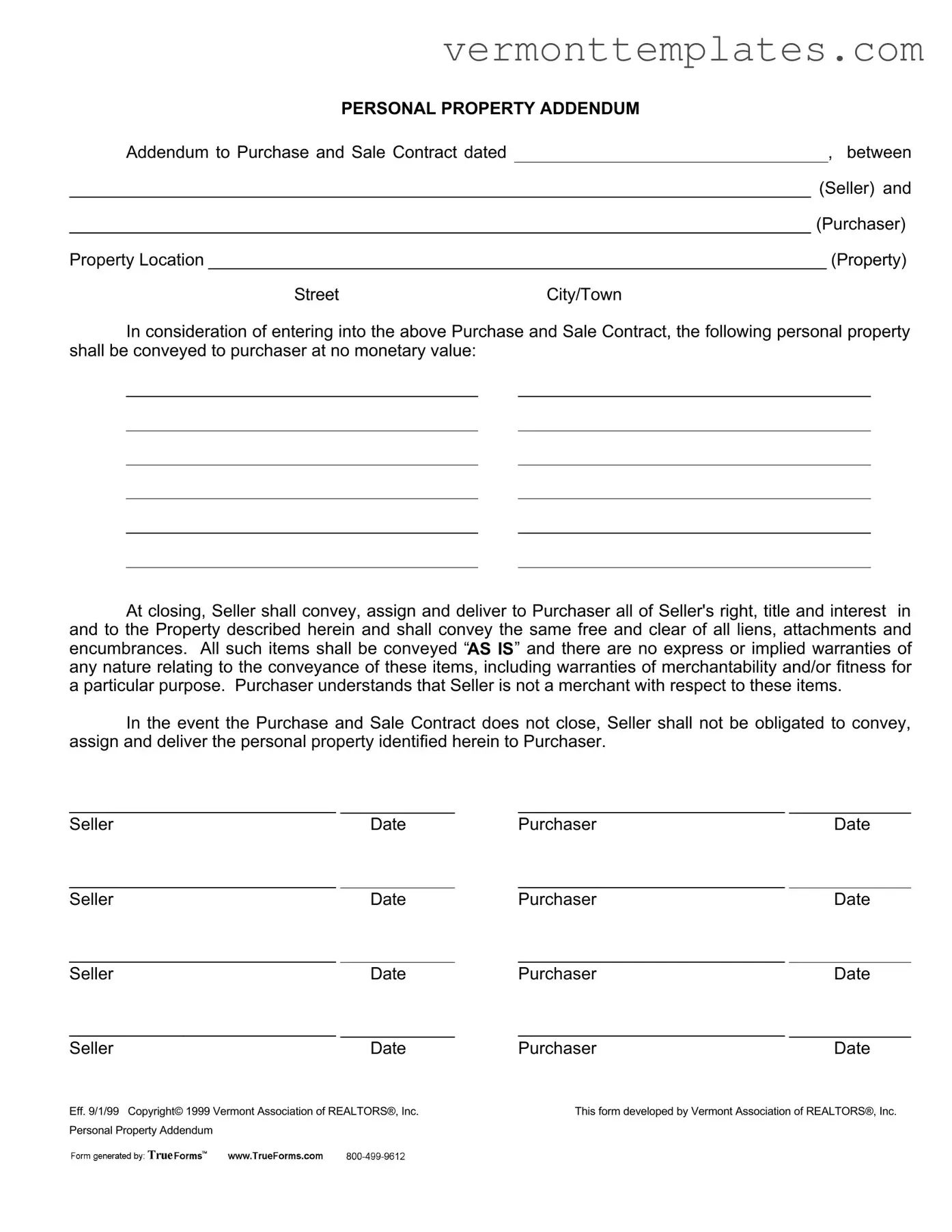 Fill in Your Purchase Addendum Vermont Form