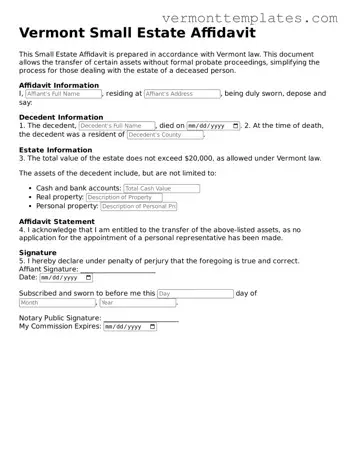 Legal  Small Estate Affidavit Template for Vermont