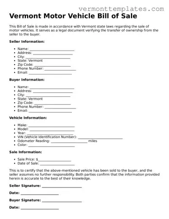 Legal  Motor Vehicle Bill of Sale Template for Vermont
