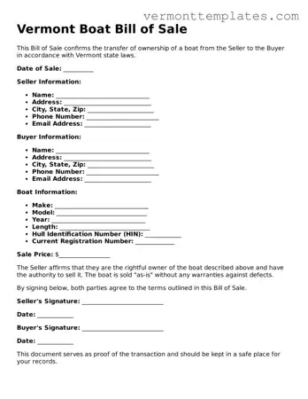 Legal  Boat Bill of Sale Template for Vermont