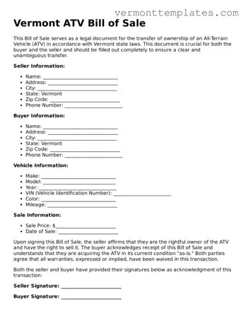 Legal  ATV Bill of Sale Template for Vermont