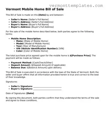 Legal  Mobile Home Bill of Sale Template for Vermont