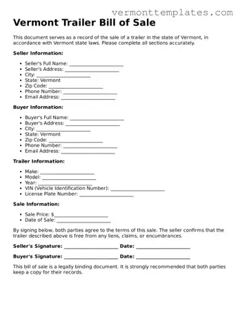 Legal  Trailer Bill of Sale Template for Vermont