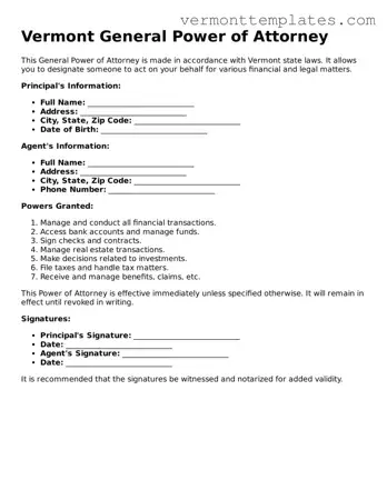 Legal  General Power of Attorney Template for Vermont