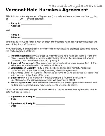 Legal  Hold Harmless Agreement Template for Vermont