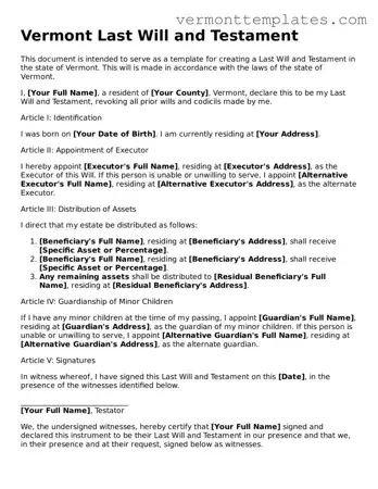 Legal  Last Will and Testament Template for Vermont