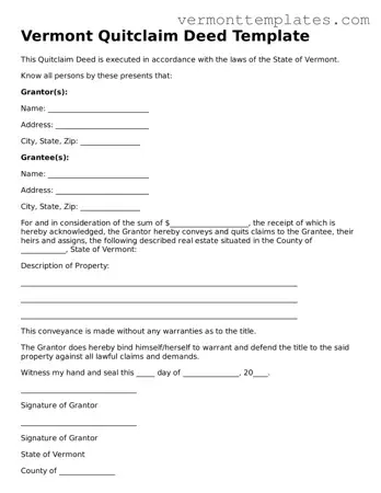 Legal  Quitclaim Deed Template for Vermont