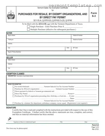 Fill in Your Vermont S 3 Form