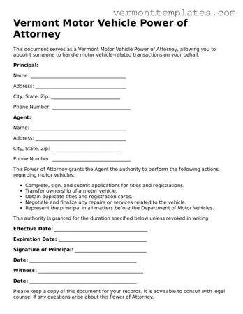 Legal  Motor Vehicle Power of Attorney Template for Vermont