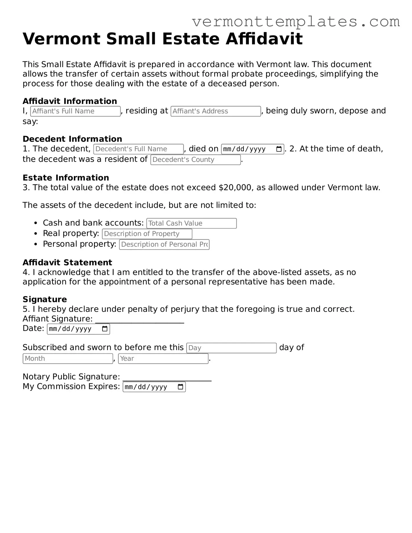 Legal Small Estate Affidavit Template for Vermont