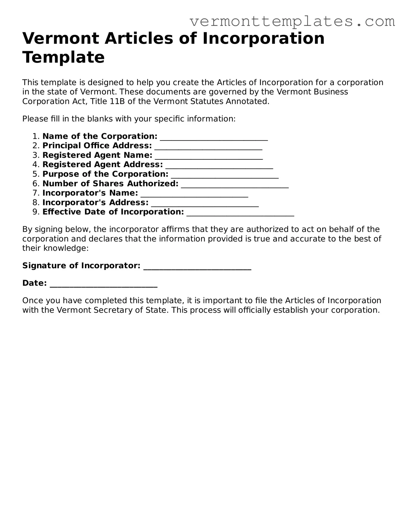 Legal  Articles of Incorporation Template for Vermont