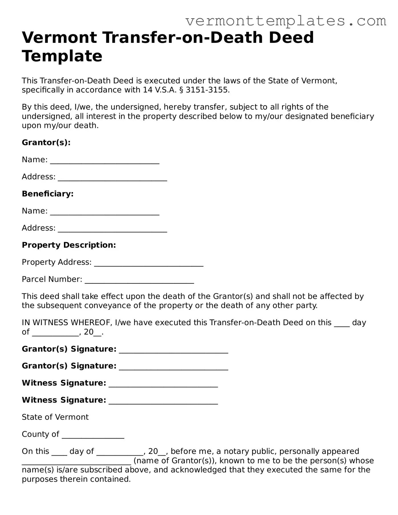 Legal  Transfer-on-Death Deed Template for Vermont