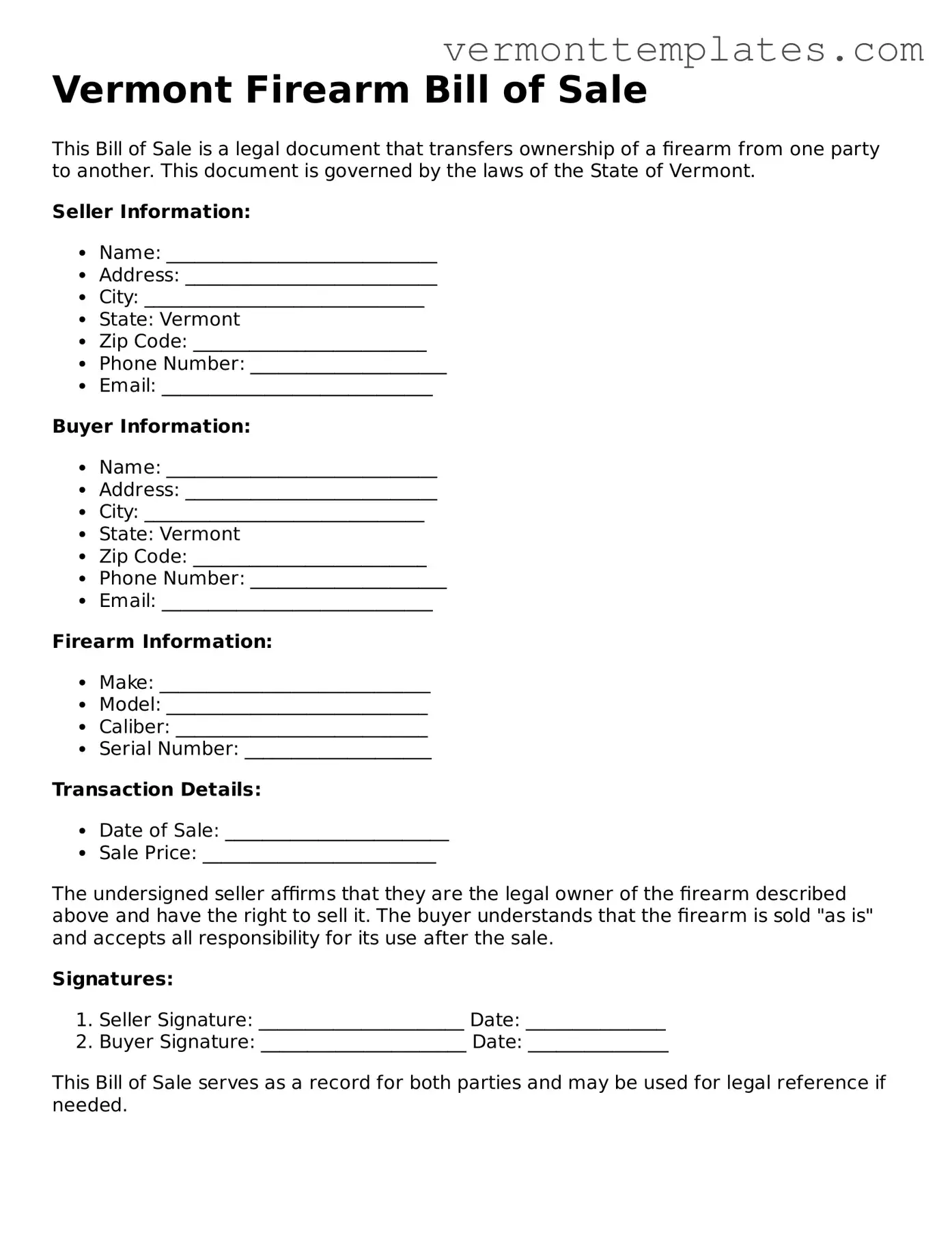 Legal  Firearm Bill of Sale Template for Vermont