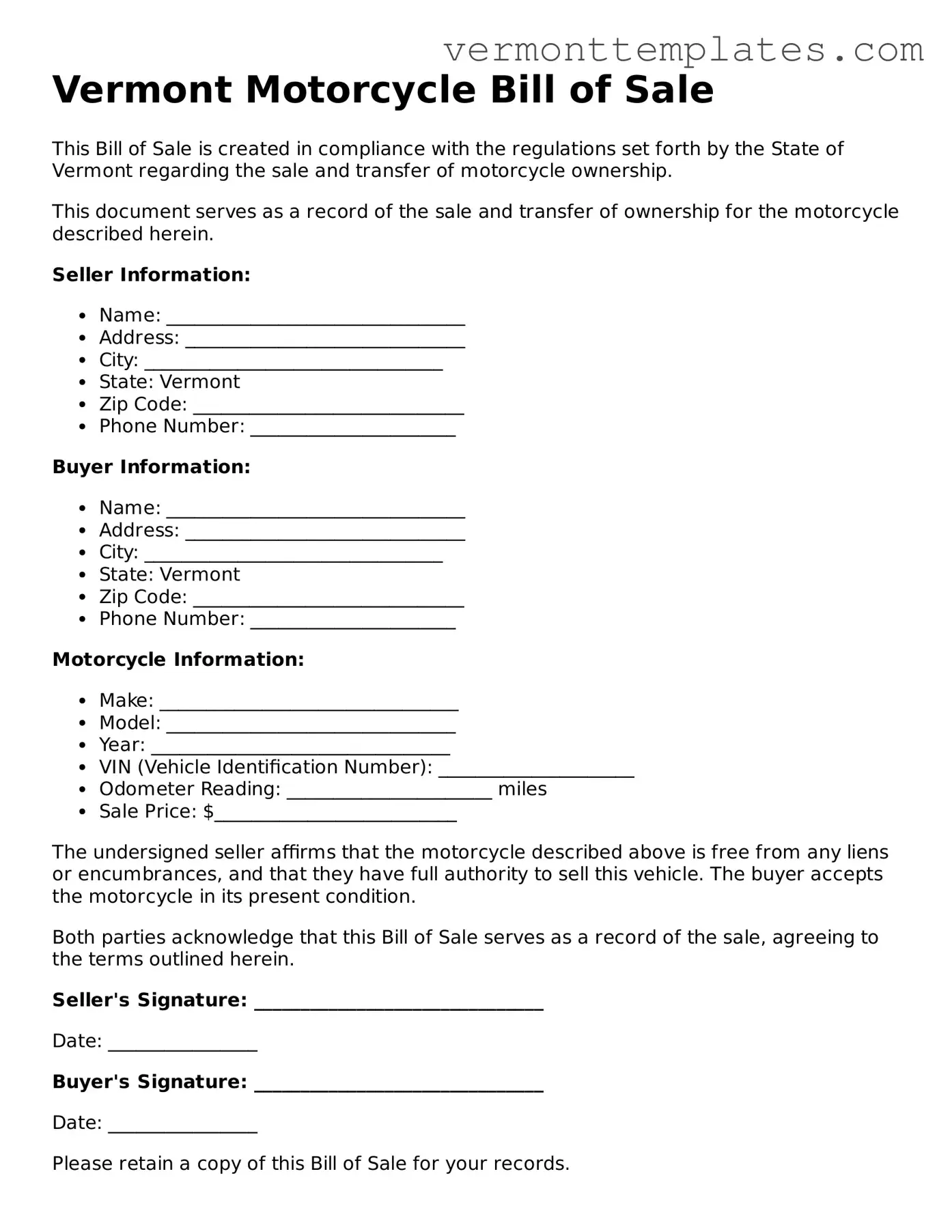 Legal  Motorcycle Bill of Sale Template for Vermont