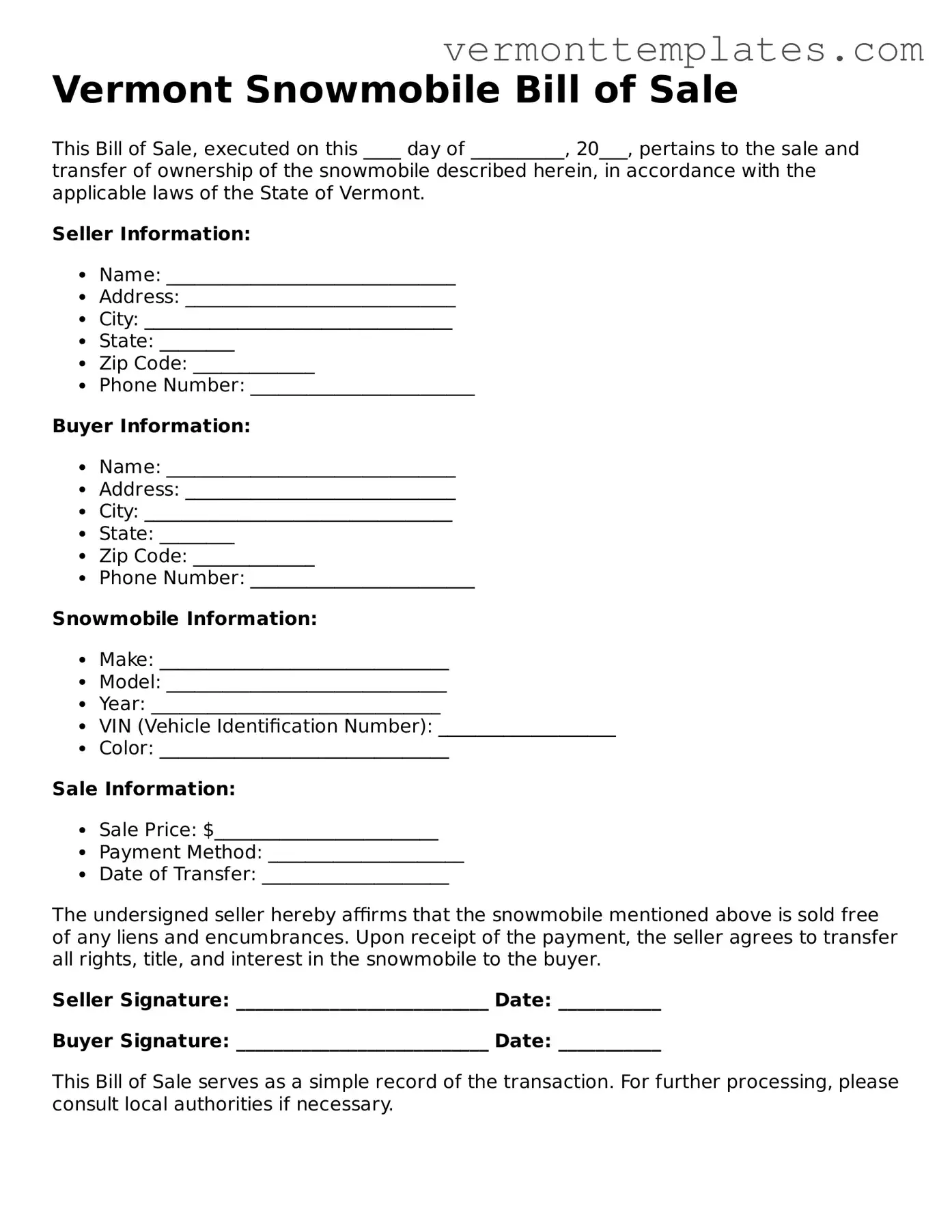 Legal  Snowmobile Bill of Sale Template for Vermont