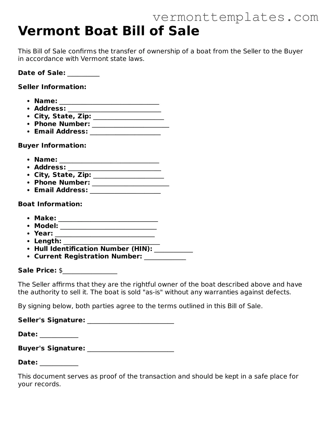 Legal  Boat Bill of Sale Template for Vermont