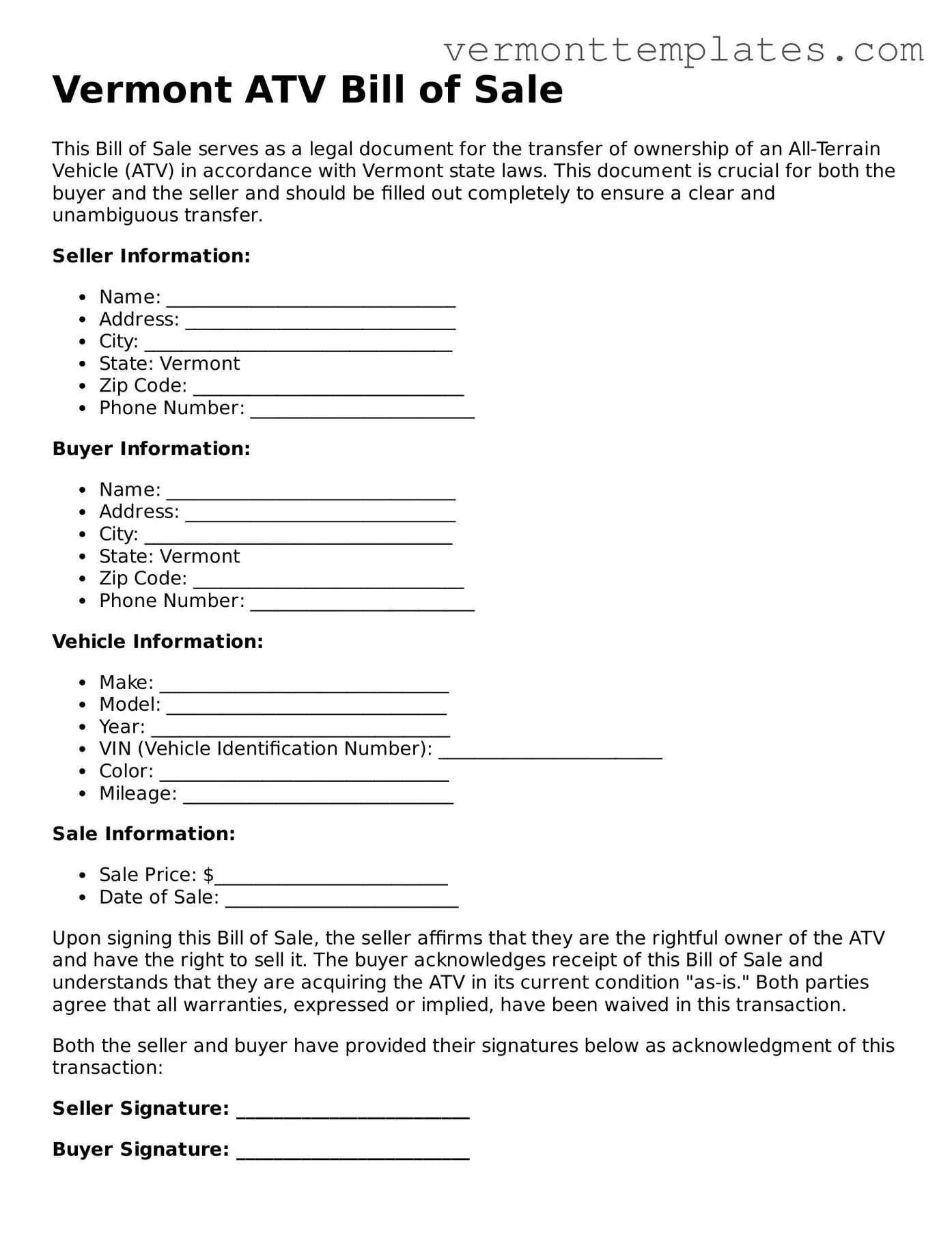 Legal  ATV Bill of Sale Template for Vermont