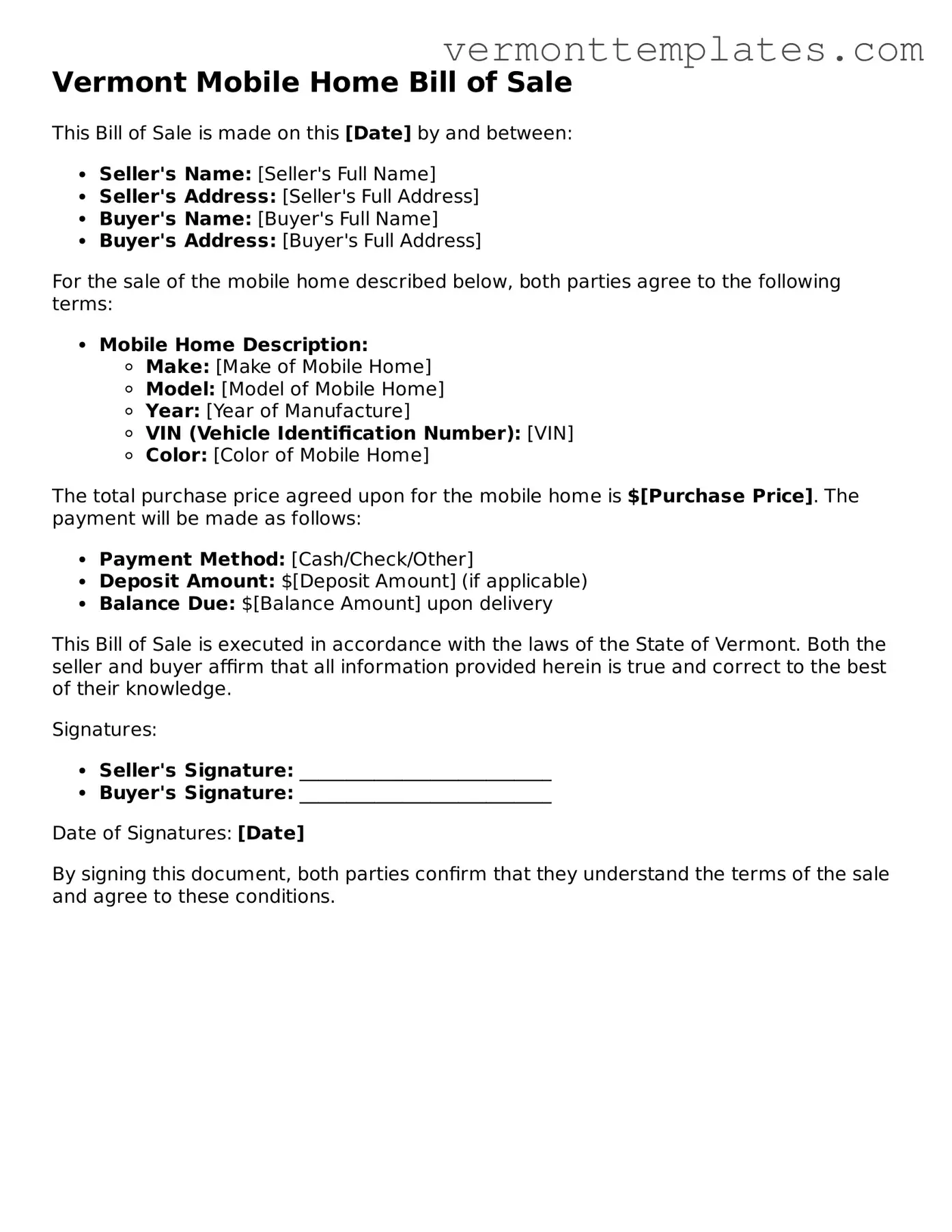 Legal  Mobile Home Bill of Sale Template for Vermont