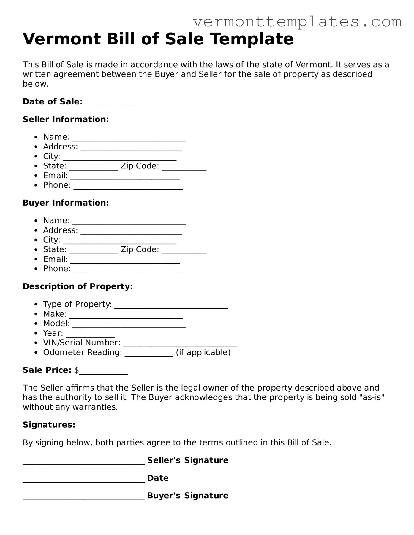 Legal  Bill of Sale Template for Vermont