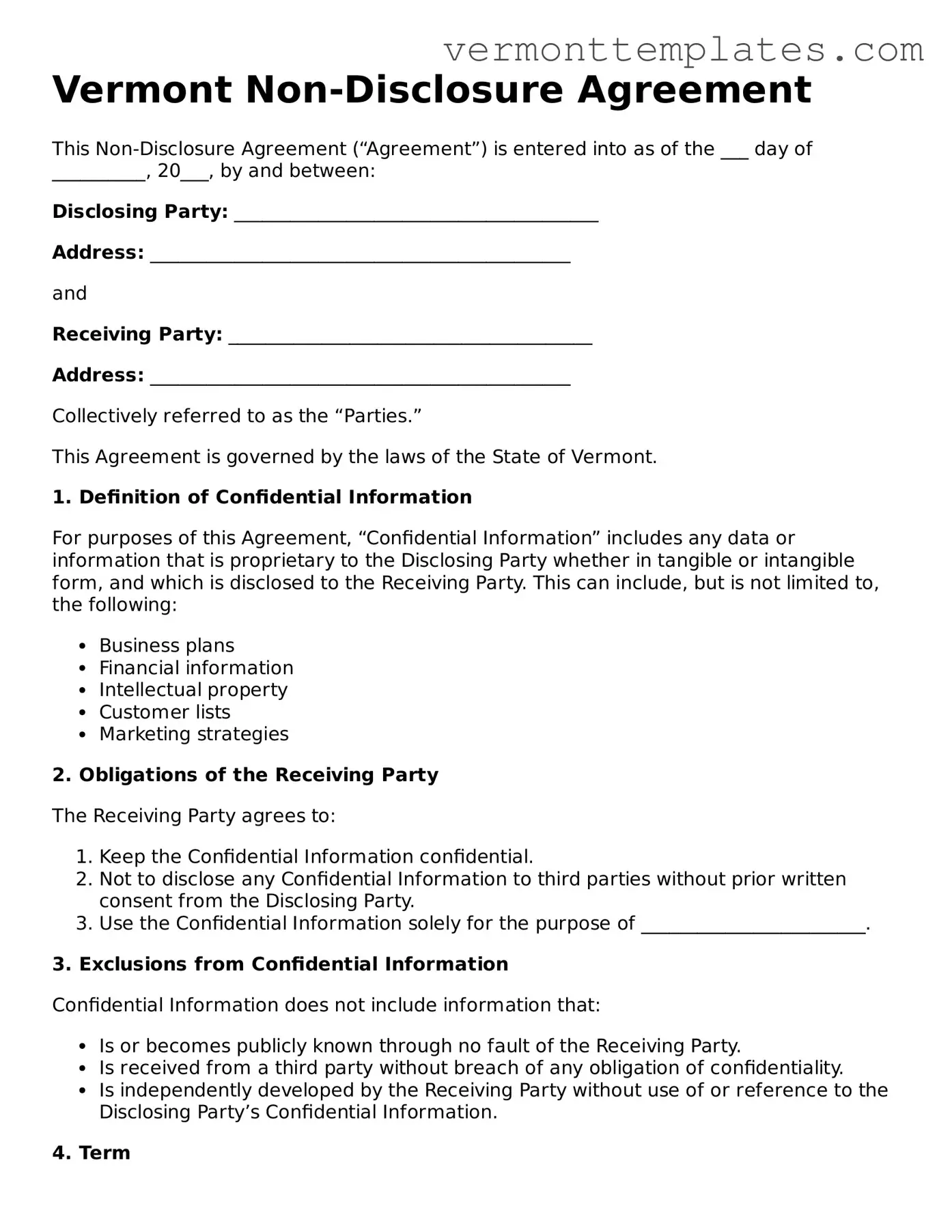 Legal  Non-disclosure Agreement Template for Vermont
