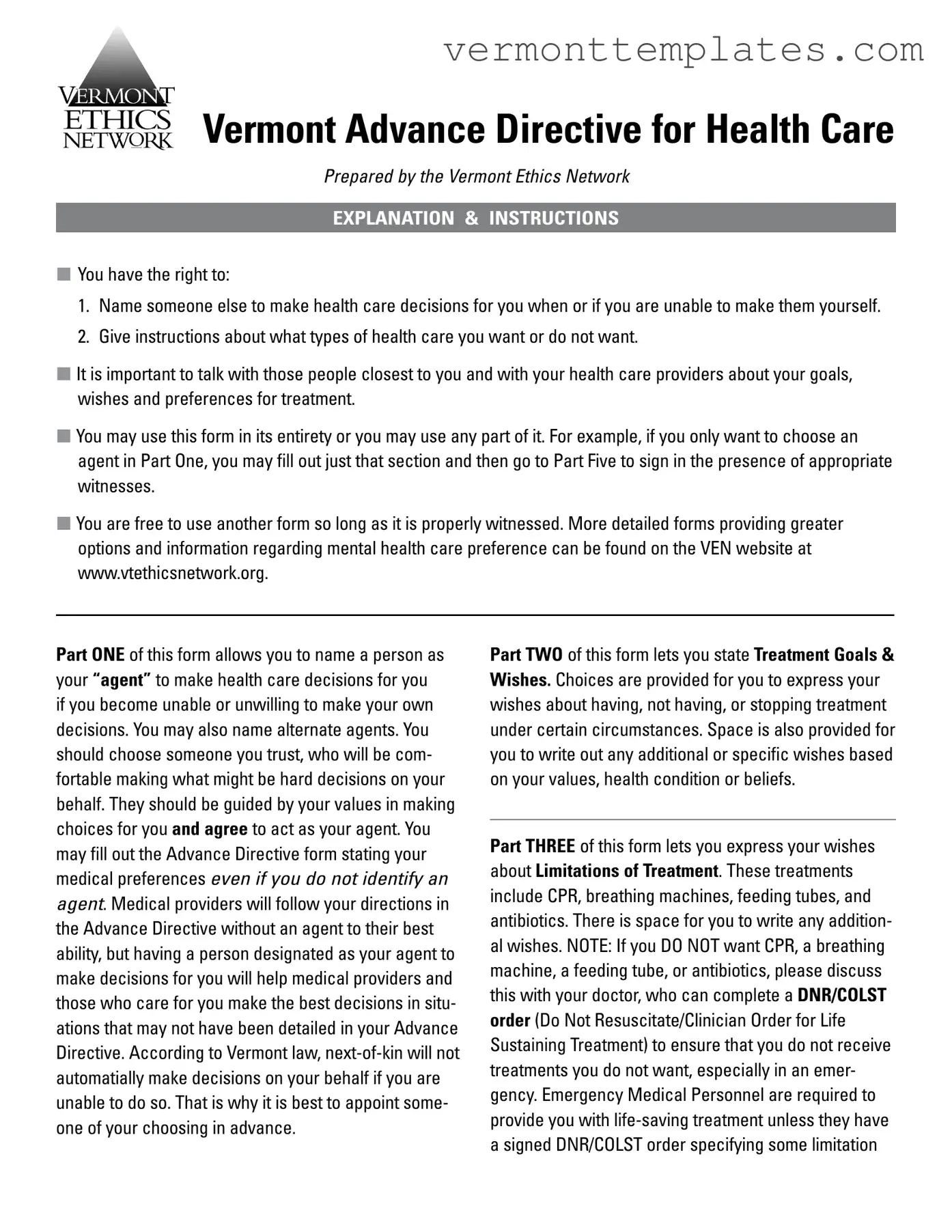 Fill in Your Vermont Directive Health Care Form