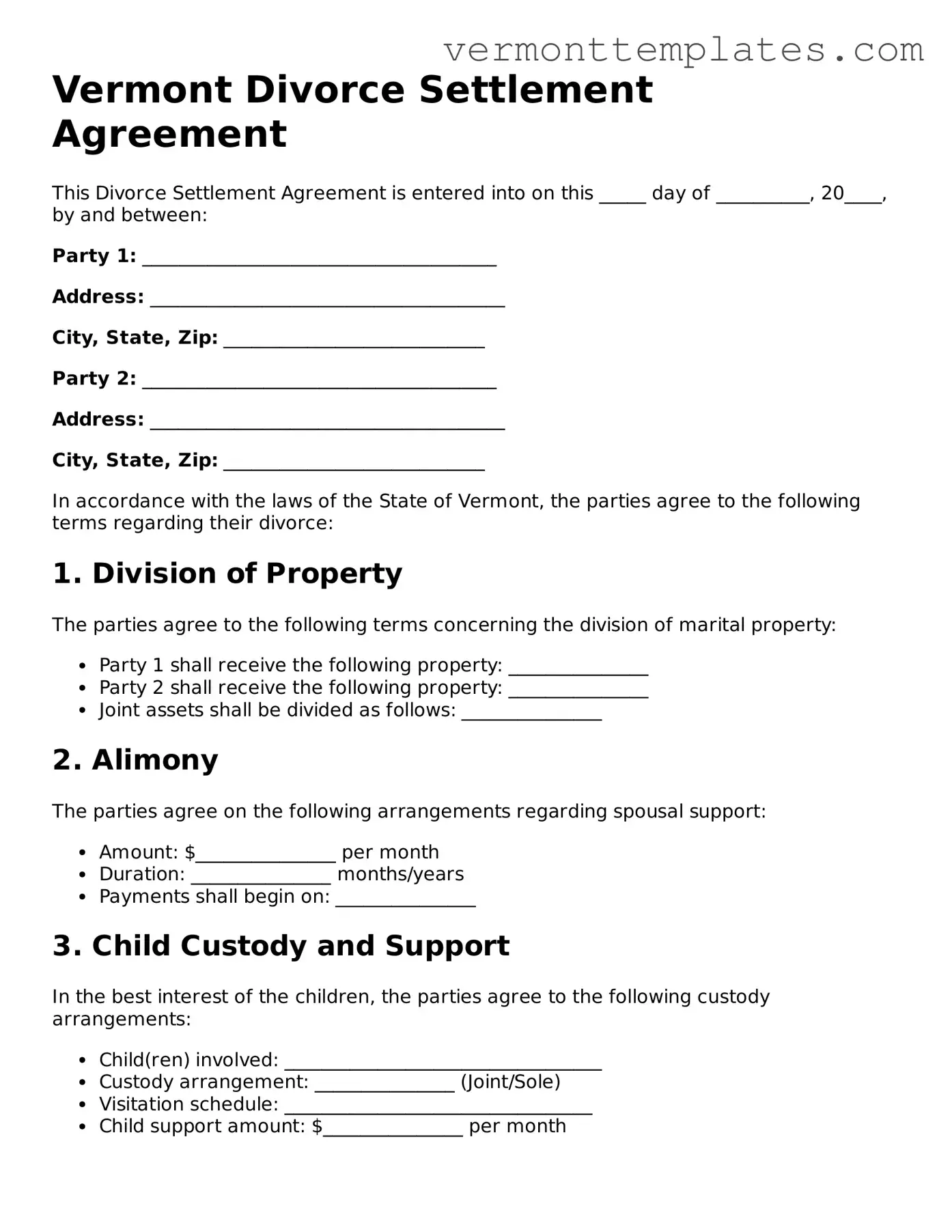 Legal  Divorce Settlement Agreement Template for Vermont