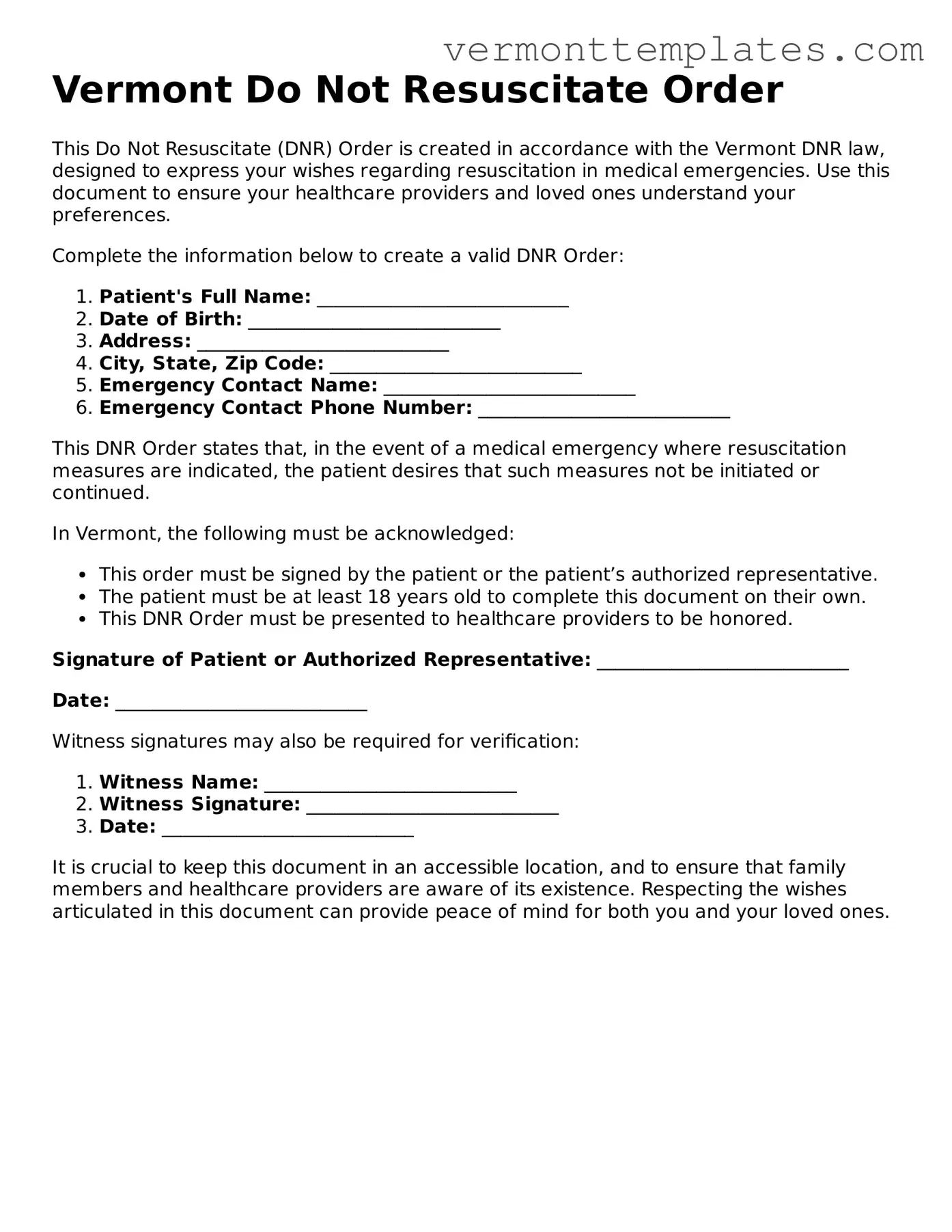 Legal  Do Not Resuscitate Order Template for Vermont