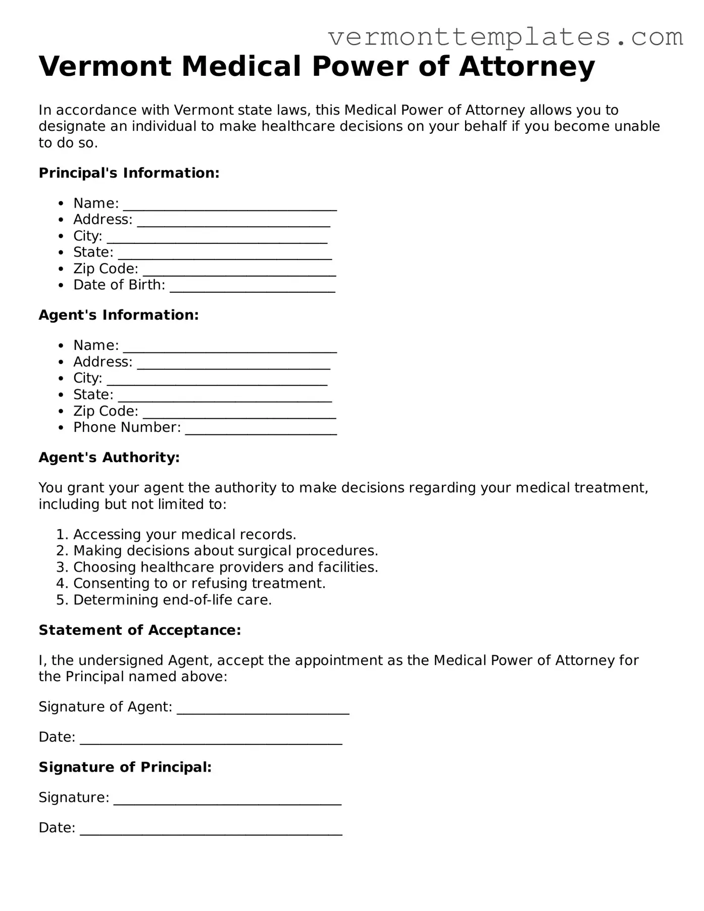 Legal  Medical Power of Attorney Template for Vermont