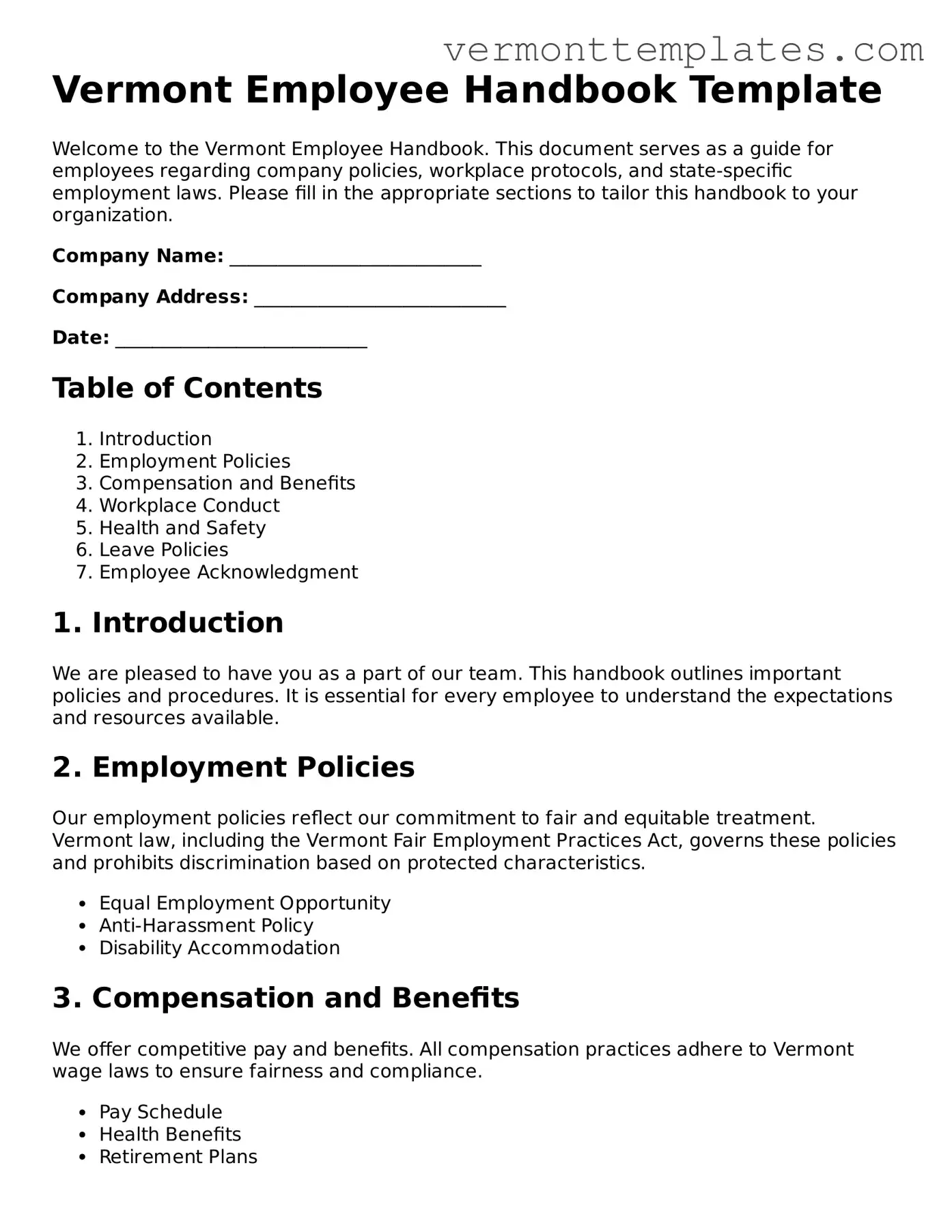 Legal  Employee Handbook Template for Vermont