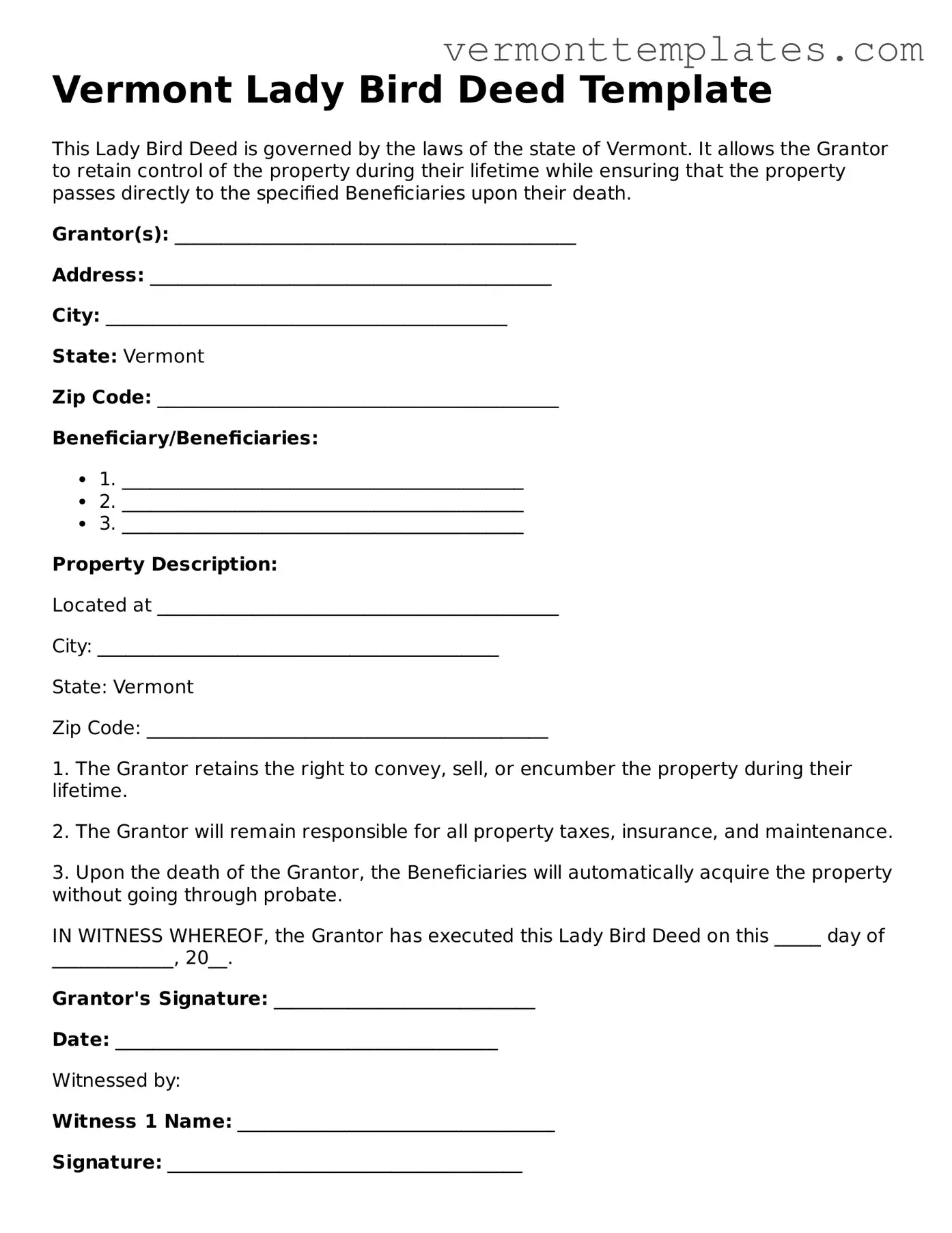 Legal  Lady Bird Deed Template for Vermont