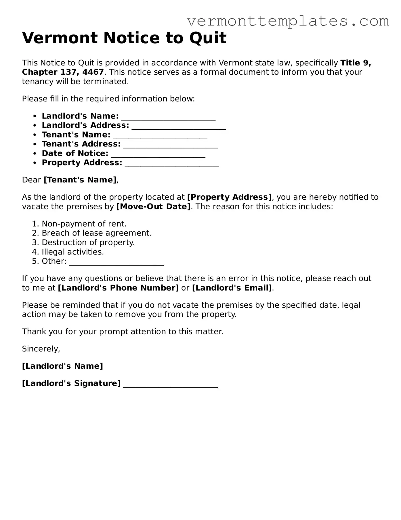 Legal  Notice to Quit Template for Vermont