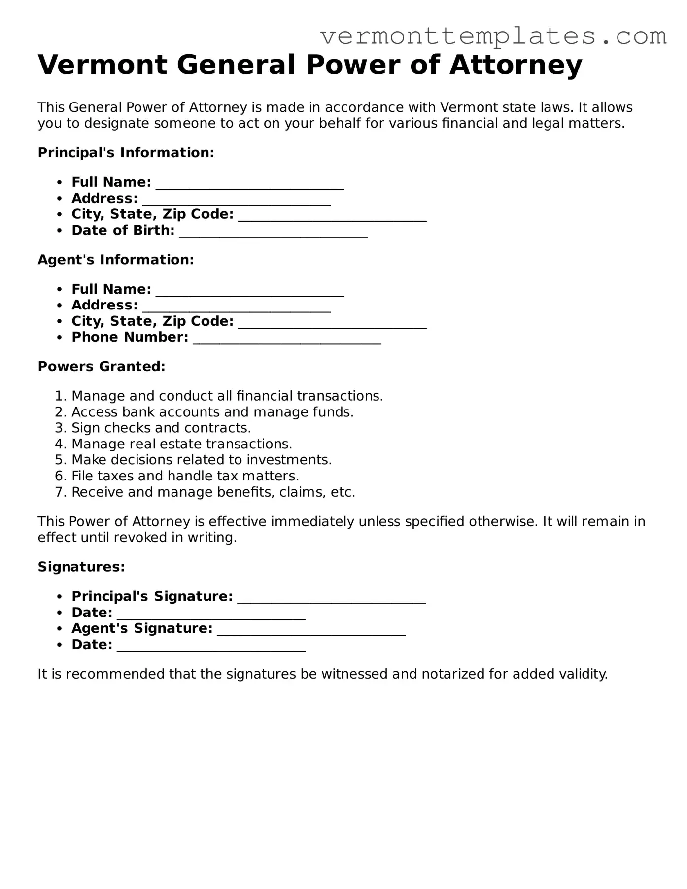 Legal  General Power of Attorney Template for Vermont