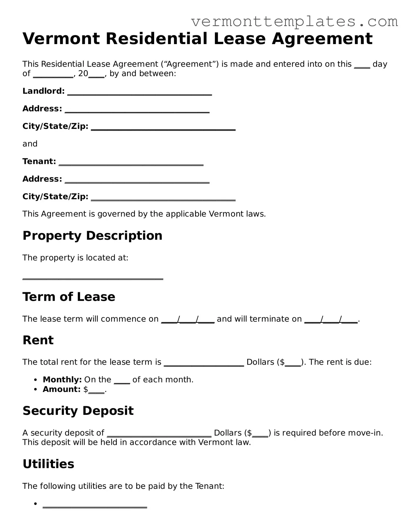 Legal  Residential Lease Agreement Template for Vermont