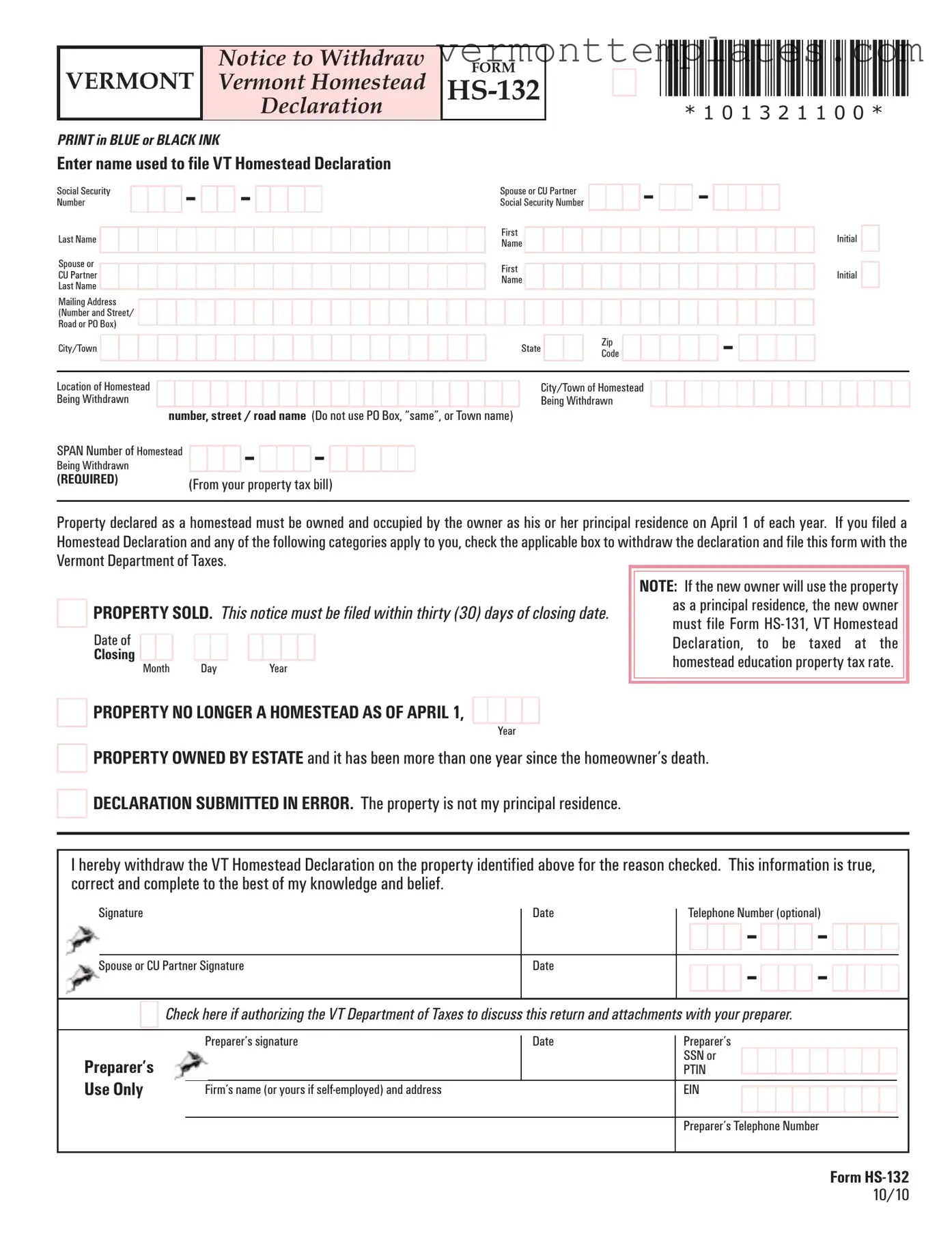 Fill in Your Vermont Hs 132 Form