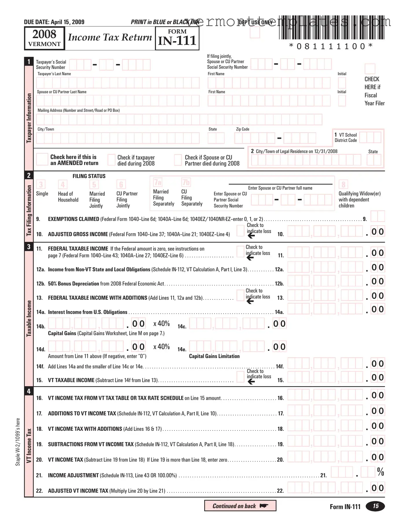 Fill in Your Vermont In 111 Form