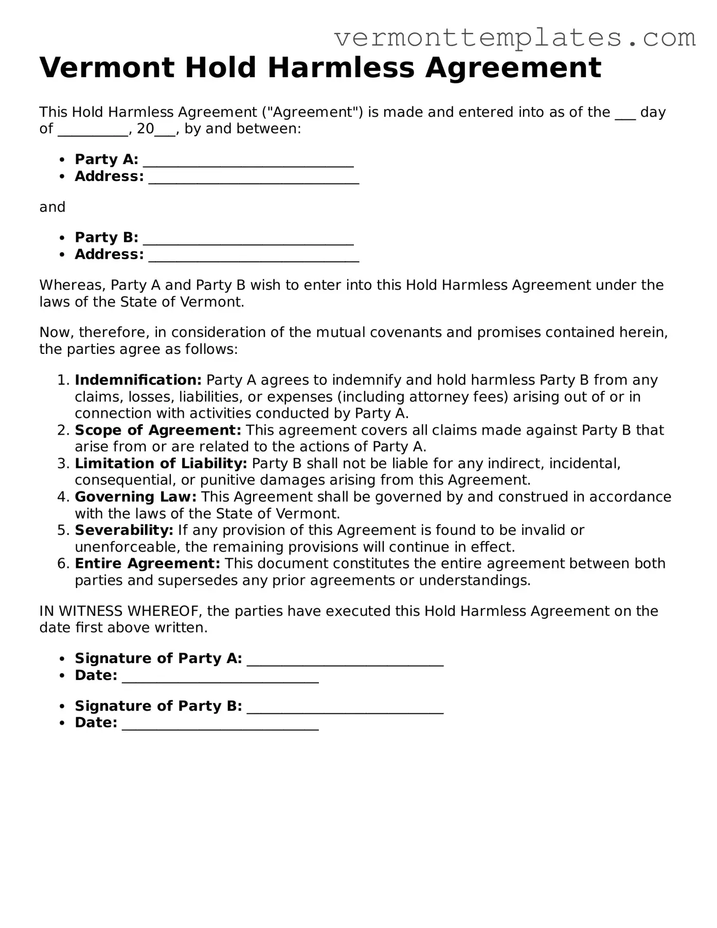 Legal  Hold Harmless Agreement Template for Vermont