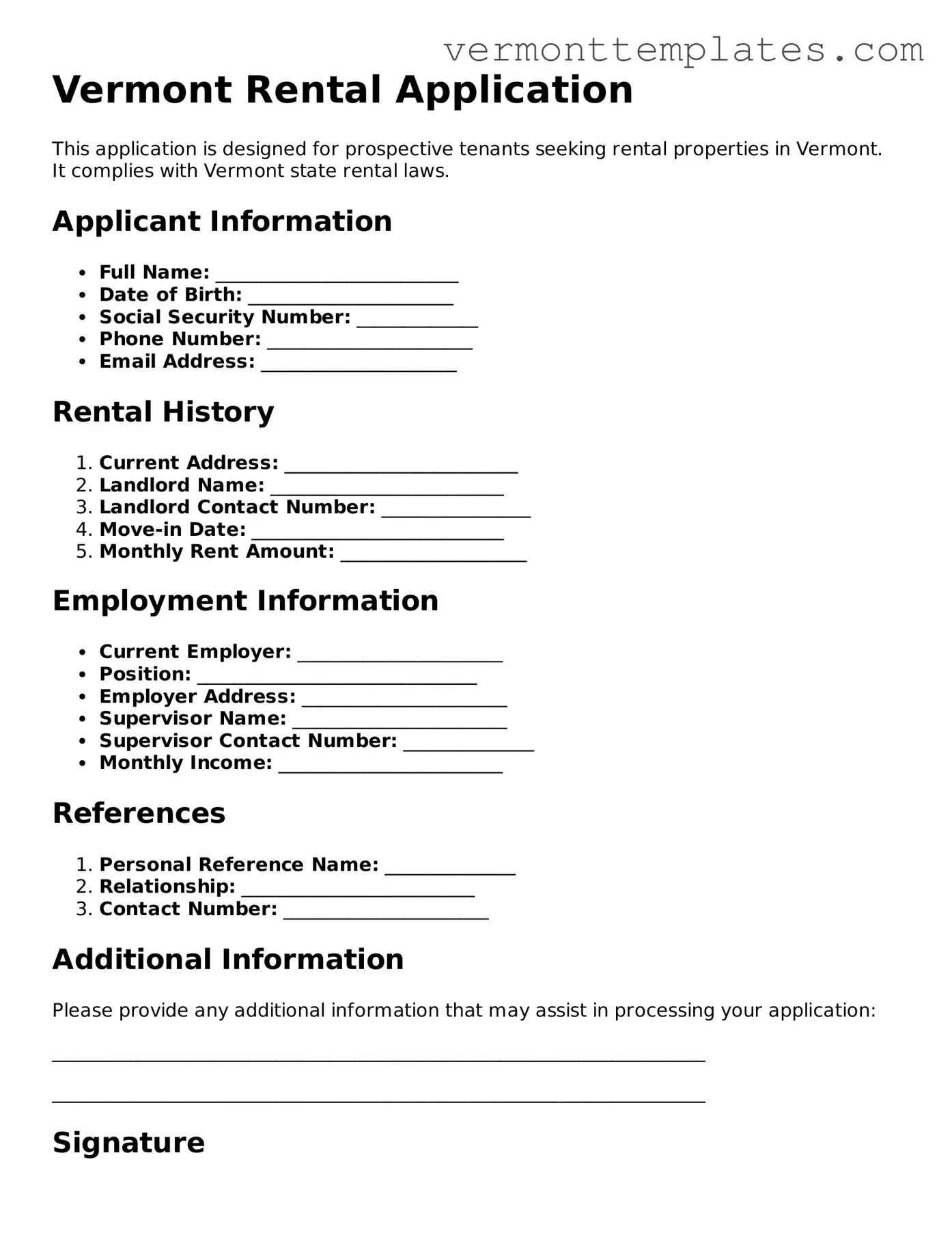 Legal  Rental Application Template for Vermont