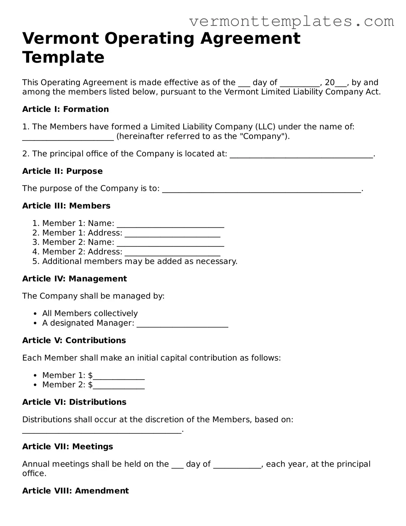 Legal  Operating Agreement Template for Vermont