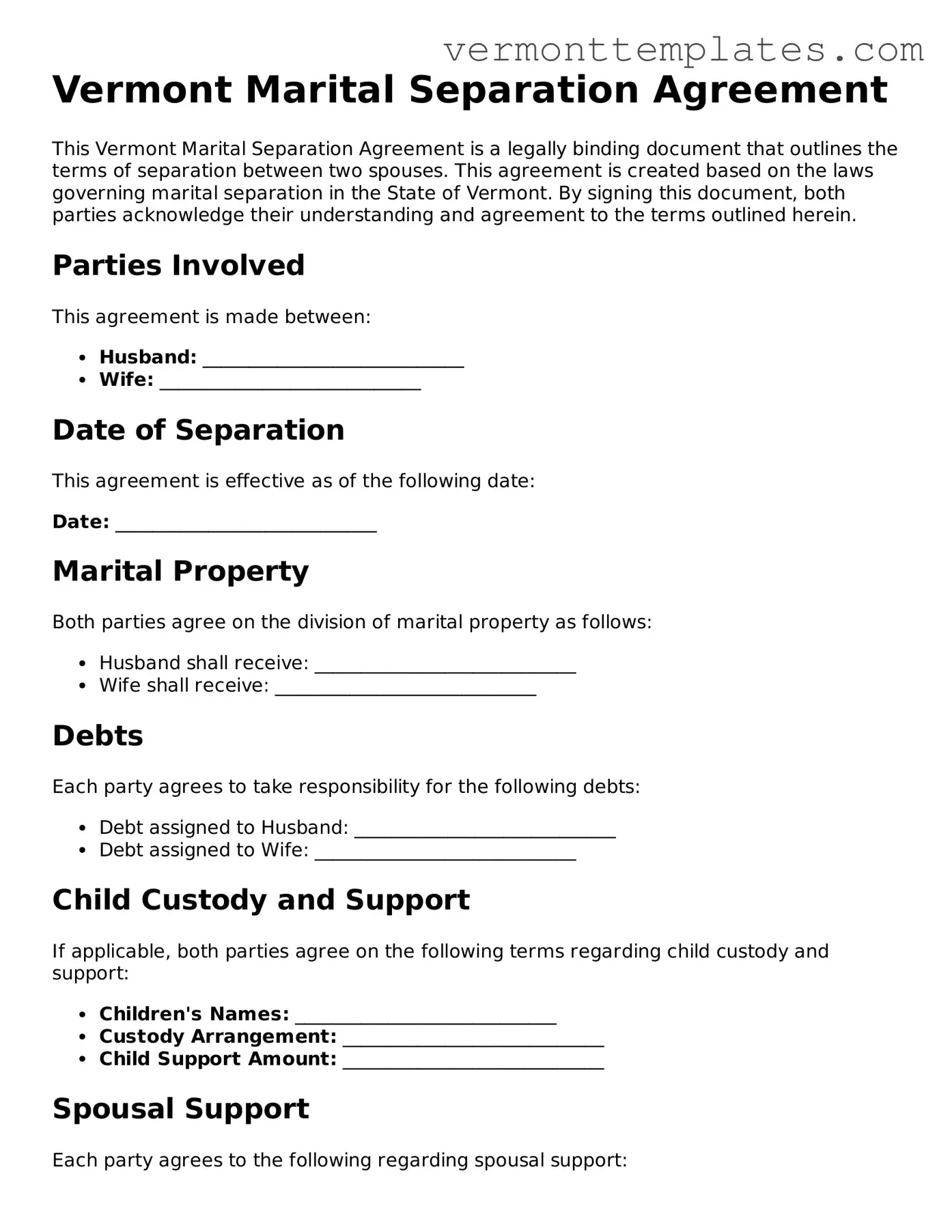 Legal  Marital Separation Agreement Template for Vermont