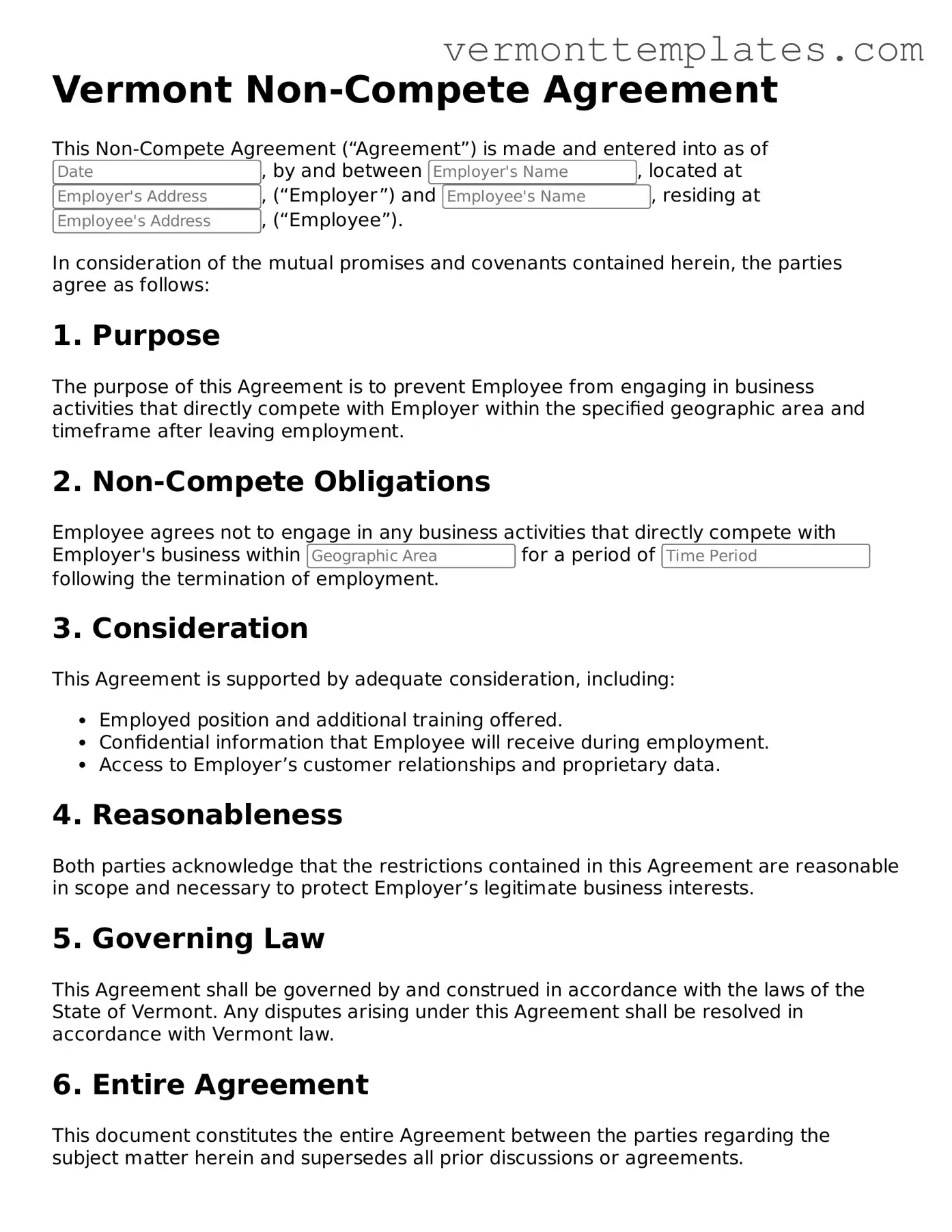 Legal Non-compete Agreement Template for Vermont