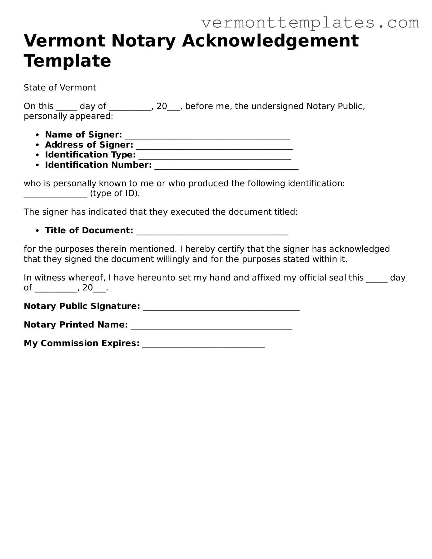 Legal  Notary Acknowledgement Template for Vermont