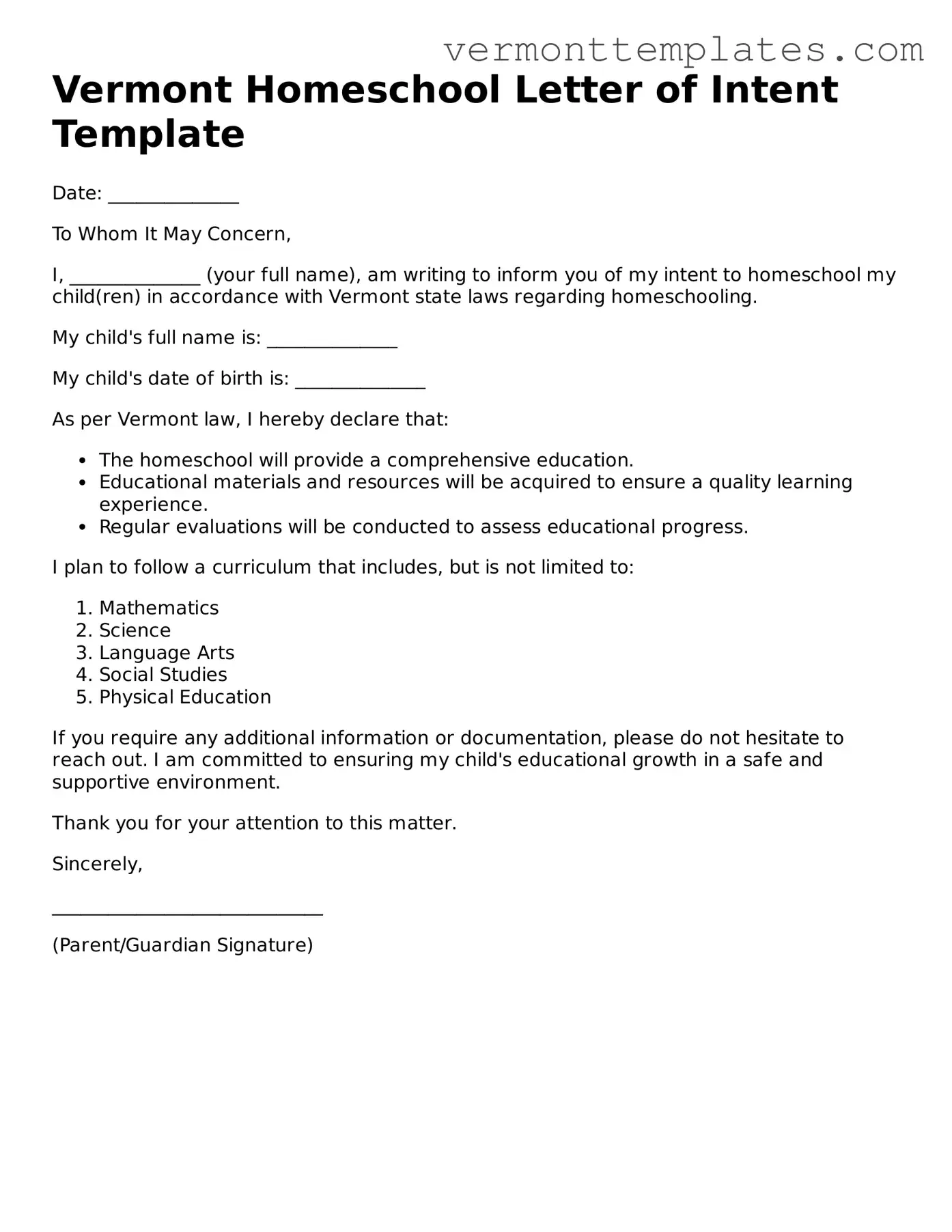 Legal  Homeschool Letter of Intent Template for Vermont