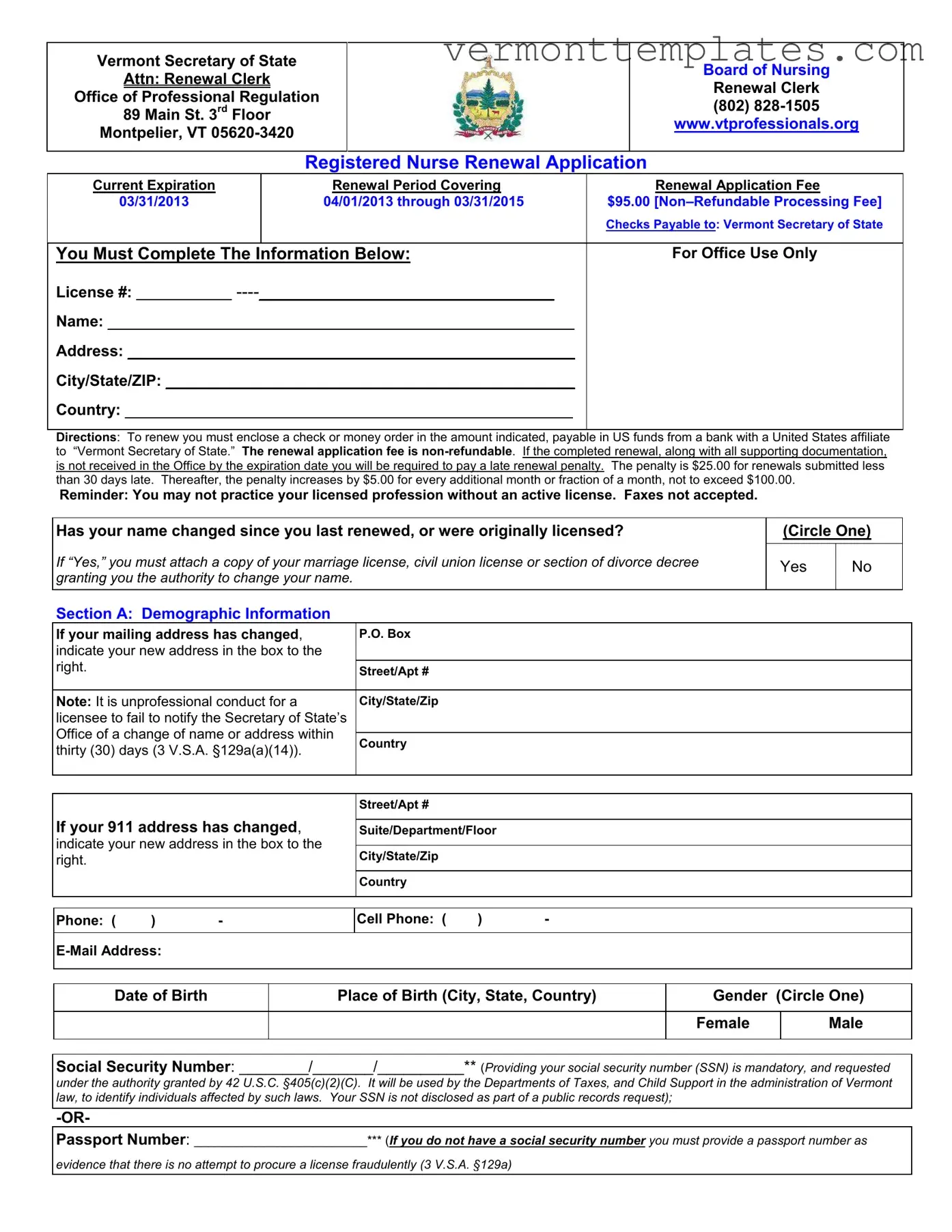 Fill in Your Vermont Nurse Renewal Form