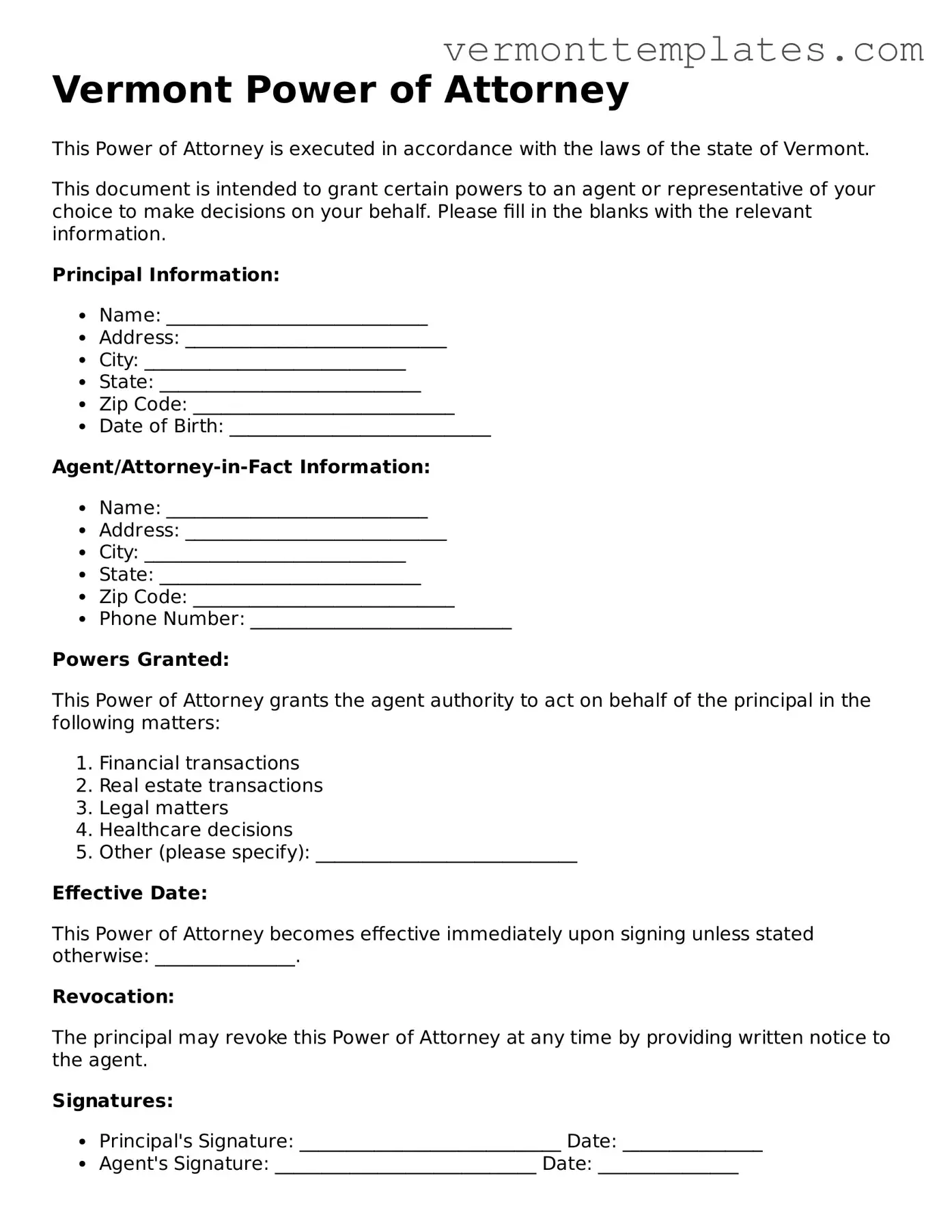 Legal  Power of Attorney Template for Vermont