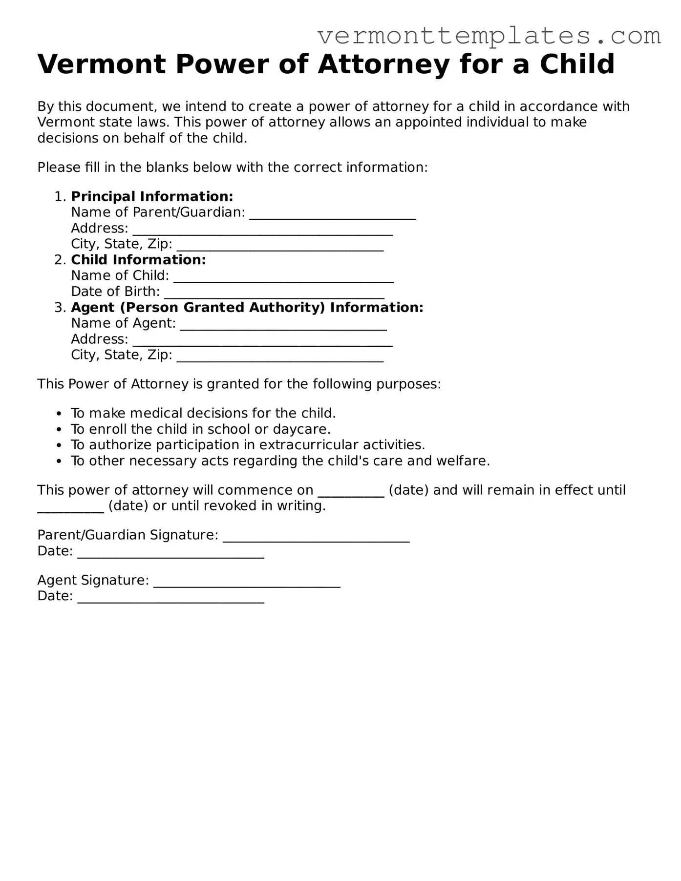 Legal  Power of Attorney for a Child Template for Vermont
