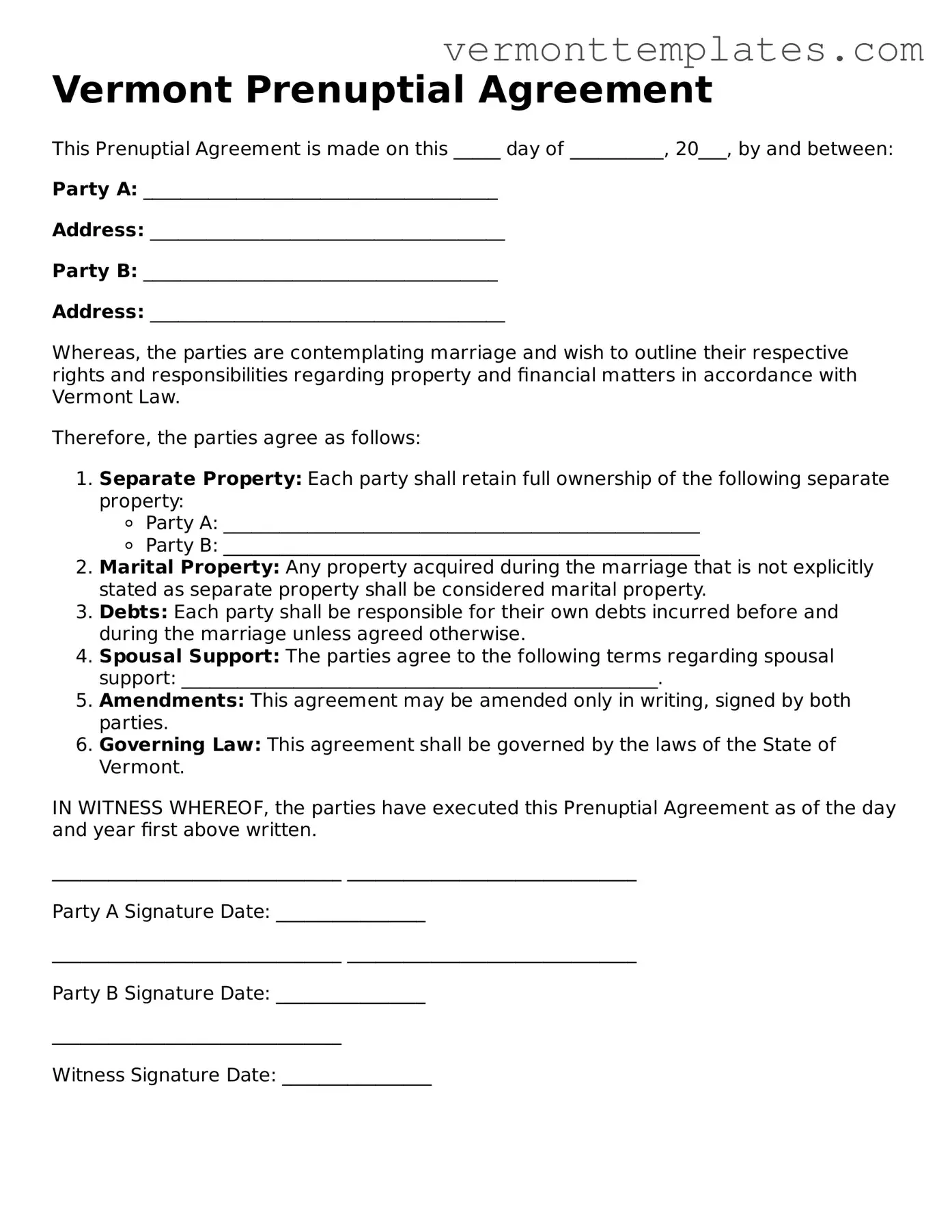 Legal  Prenuptial Agreement Template for Vermont