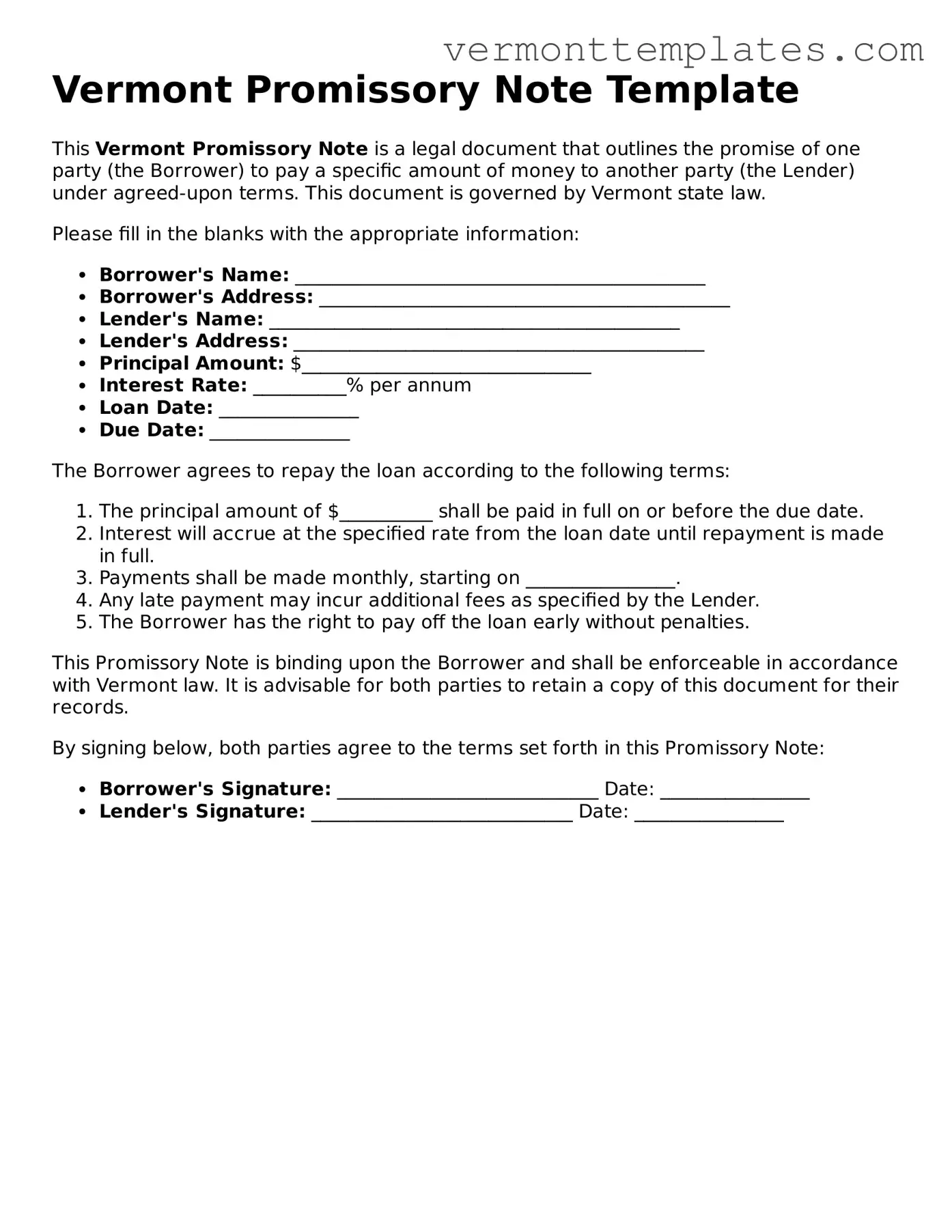 Legal  Promissory Note Template for Vermont