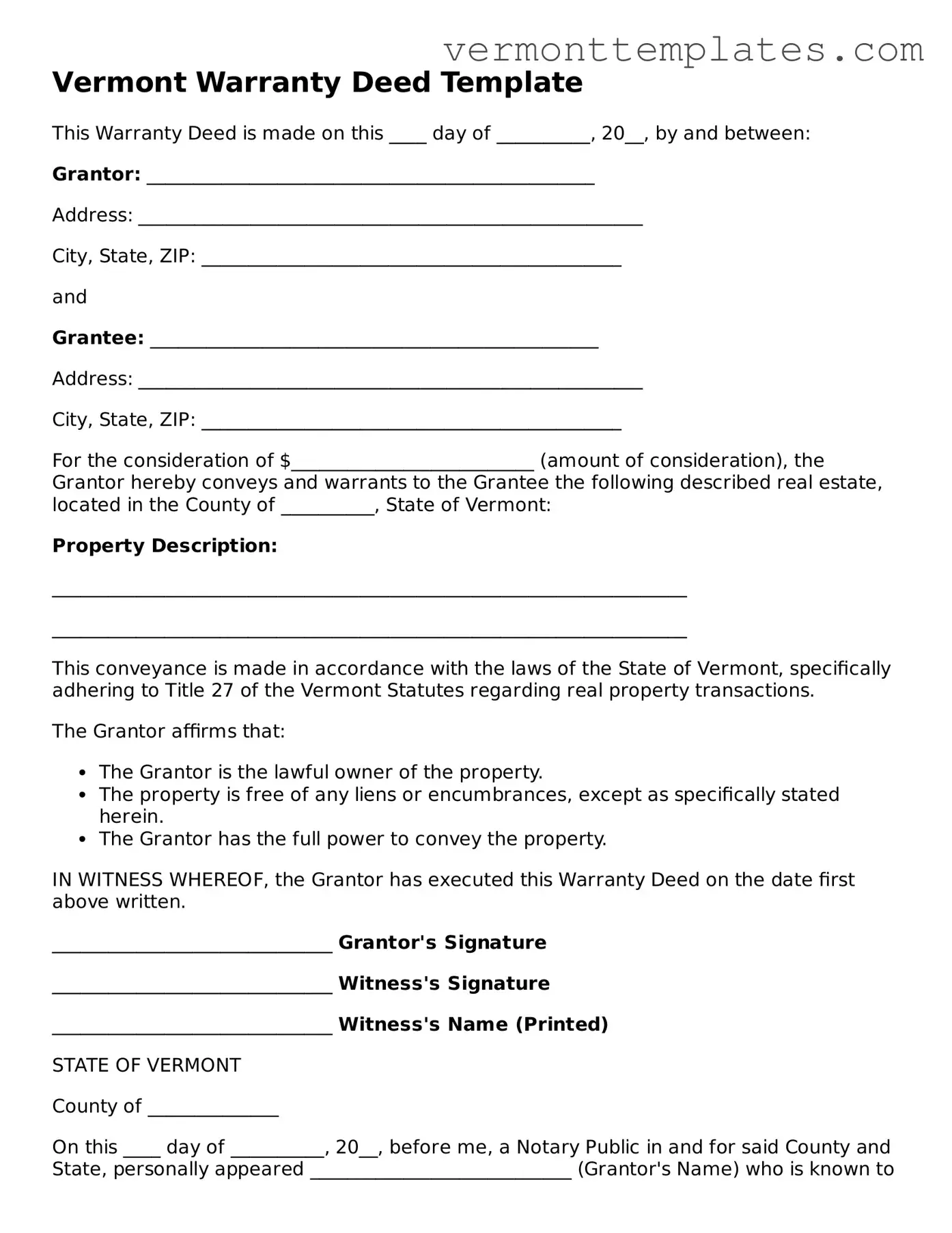 Legal  Deed Template for Vermont
