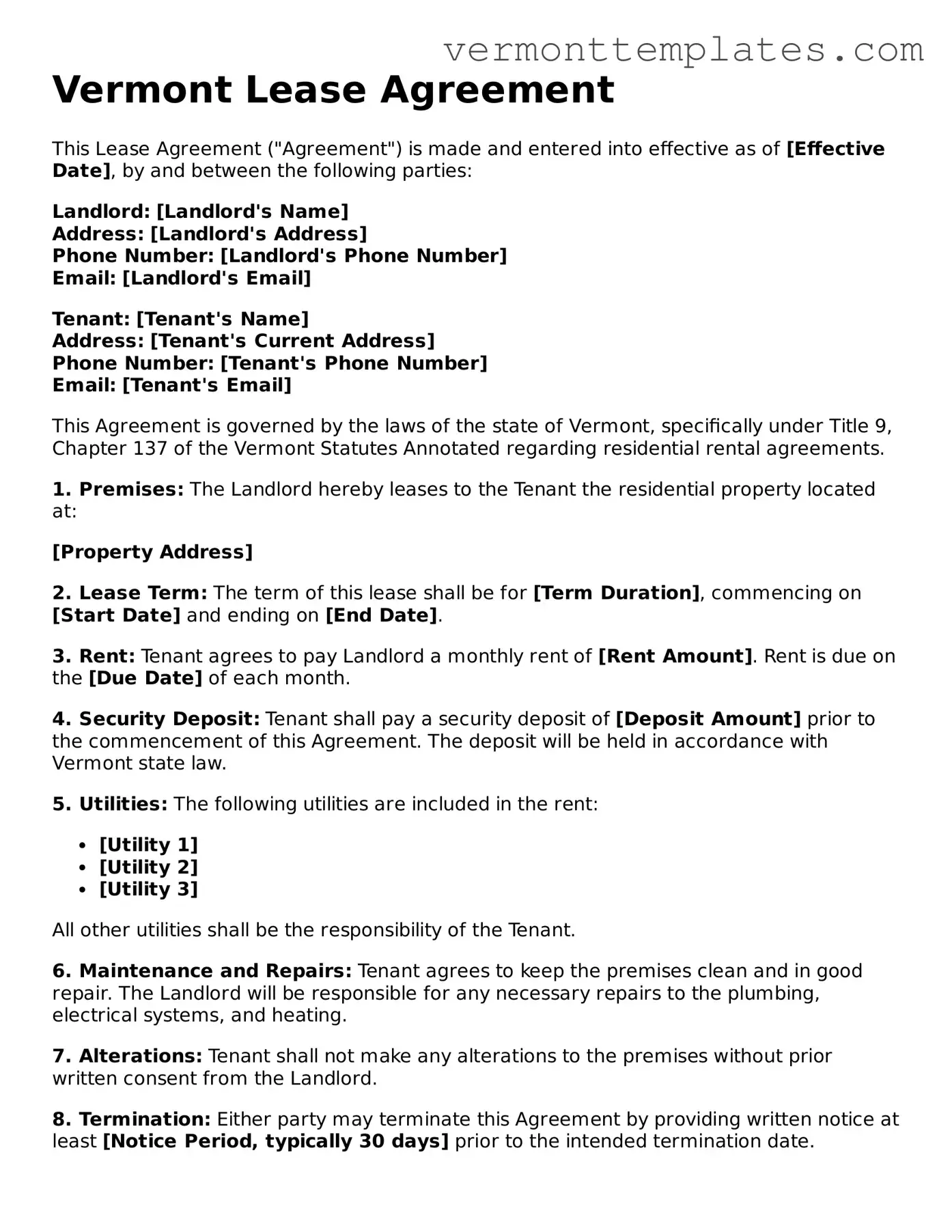 Legal  Lease Agreement Template for Vermont