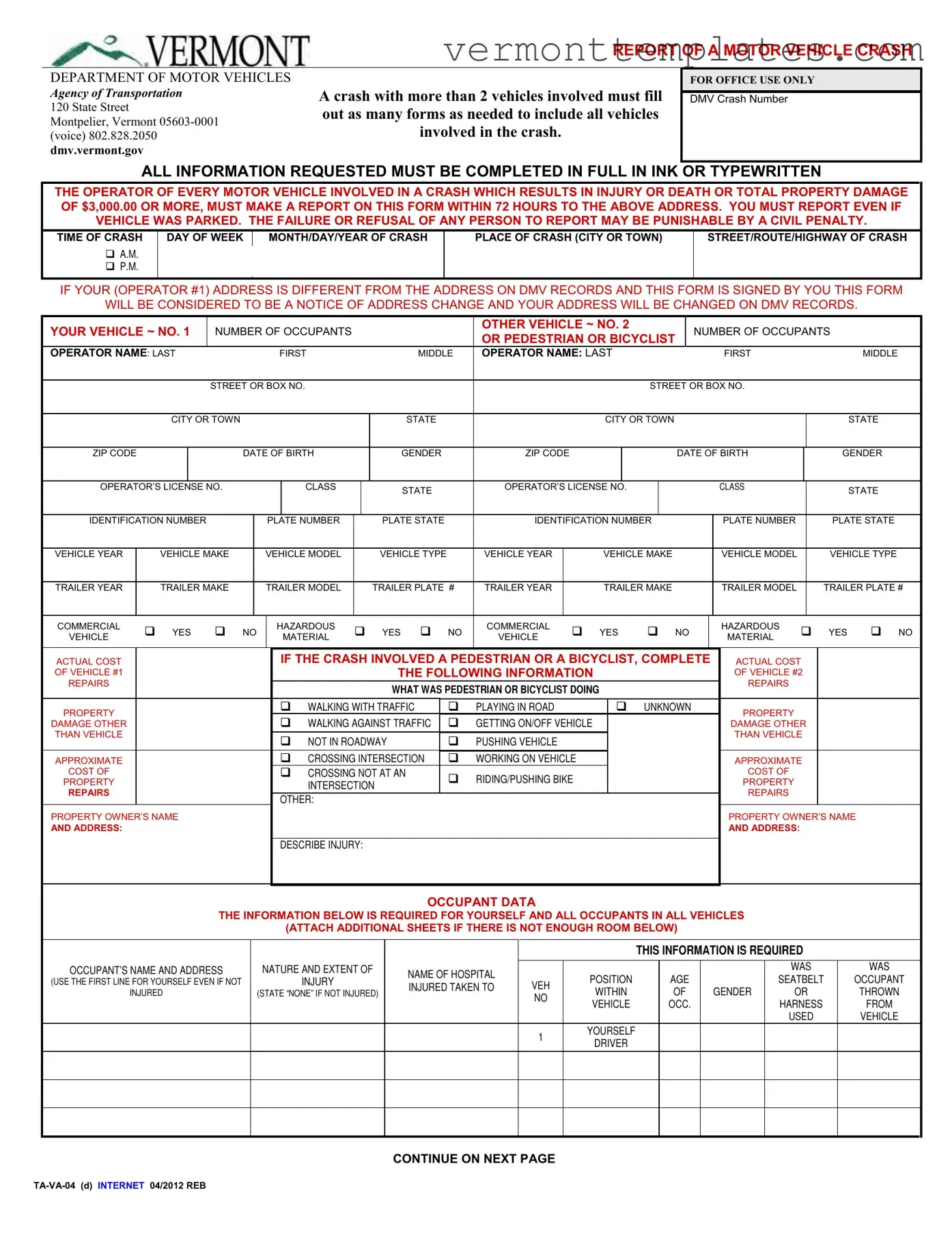 Fill in Your Vermont Report Form